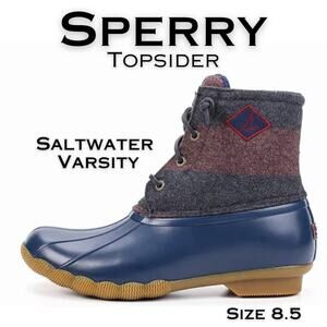 Sperry Topsider Saltwater Varsity Duck Boot 8.5 Navy Wine Stripe Wool Rubber